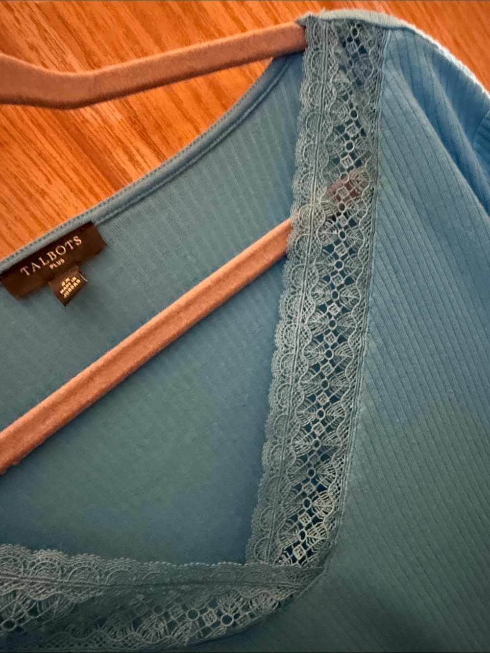 Talbots Teal Blue Ribbed V-Neck Top with Lace Trim - Picture 5 of 9